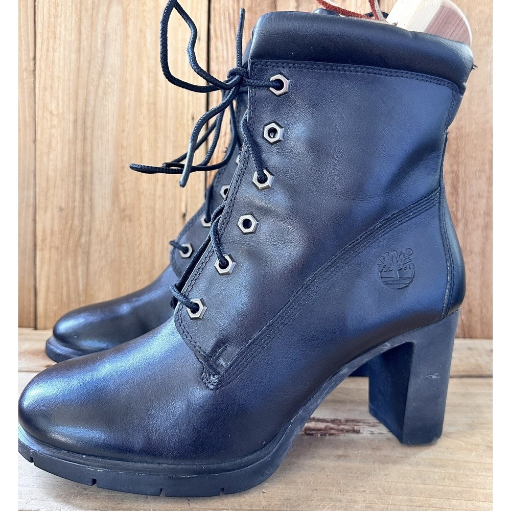 Timberland Heeled Ankle Boots Lumberjack Black Leather Women’s 7 Grunge